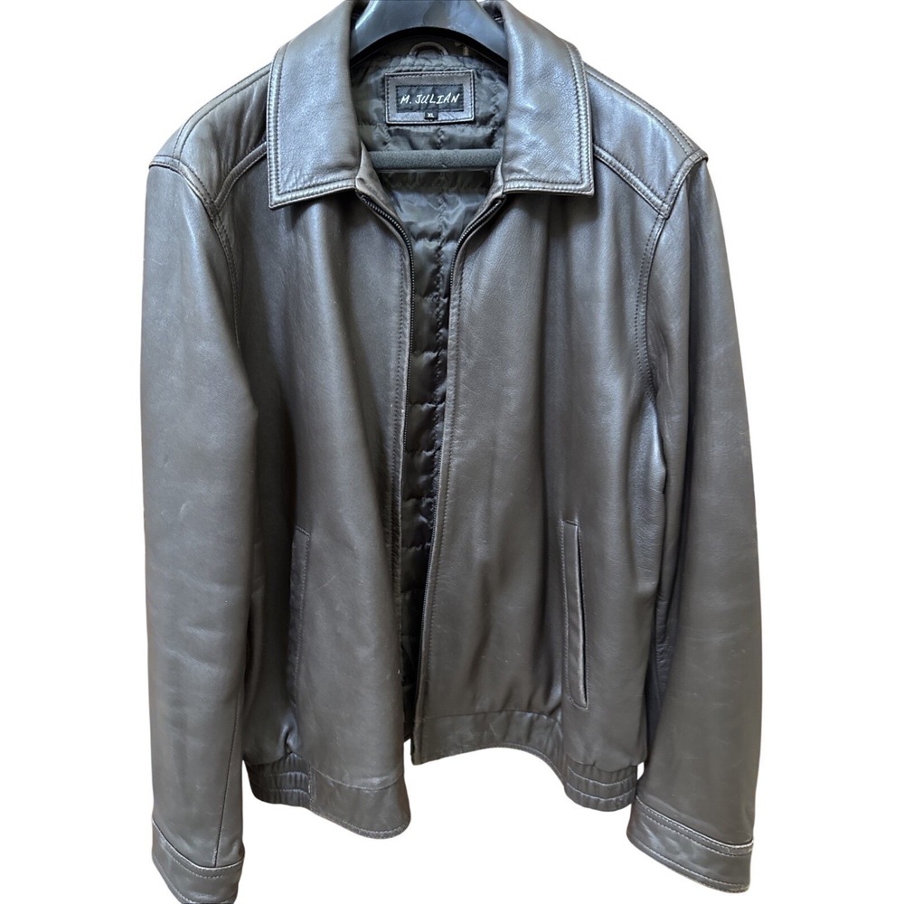 M. Julian Mens XL Brown Leather Bomber Jacket Vintage Quilted Lined Zip Up